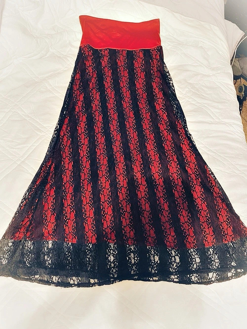 Honey & Lace A-Line Maxi Skirt in Red with Black Lace Overlay (Size Small)